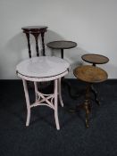 A pink loom glass topped occasional table together with a barley twist plantstand and three wine