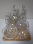A tray containing a collection of twentieth century crystal including a a pair of decanters with