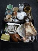 Two boxes containing assorted china, tureens, teapots, pottery jugs,