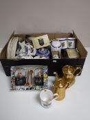 A box of Ringtons china : mugs, teapots, wall plates, etc,