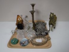 A tray containing a quantity of frosted glass animal ornaments, loose cutlery,