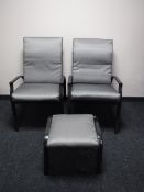 A pair of metal adjustable garden armchairs with cushions together with a stool