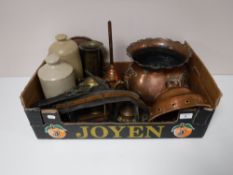 A box of Art Nouveau copper planter, copper funnel, brass ware, horse brasses,