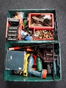Two crates containing power tools, hand tools,