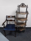 A five tier whatnot stand together with a mahogany Regency style armchair