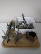 A tray containing 20th century plated wares including plated pheasant and cockerel table ornaments,