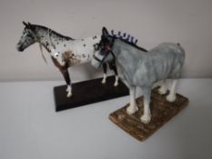 A Royal Doulton Appaloosa horse on wooden plinth together with a Royal Doulton Animals Clydesdale