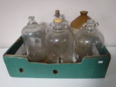 Two boxes of stone ware bottle, demi johns, Helvetia sewing machine, barometers, wall plates,