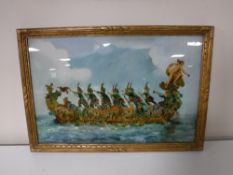 A gilt framed painting on glass of a longboat