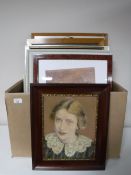 A box containing framed continental school prints,