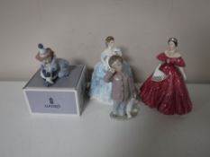 Two Royal Worcester limited edition figurines together with two figures by Nao and Lladro.