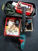 Two crates containing power tools, hand tools, lights etc and three boxes of tools, wrench set,