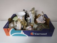 A box of china, ornaments, figures, plates, Ringtons bowl etc.