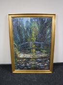 A gilt framed oil on canvas depicting a footbridge over a stream signed Franci