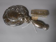 A sterling silver backed Art Nouveau hand mirror together with a similar lidded glass dressing