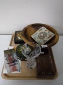 A brass inlaid table box together with two Eastern lacquered boxes, a walnut fruit bowl,