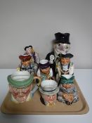A tray containing eight assorted character jugs, Wedgwood, Crown Clarence, Kelsbro ware,