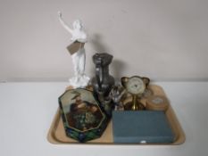 A painted Spelter figure, a Ibachler pewter jug, plated ware, a brass compass,