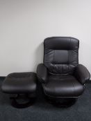 A contemporary brown leather two seater settee together with similar swivel armchair with stool