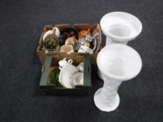 Two boxes containing antique tea china, glass trinket set, cottage ware teapot, wall plates,