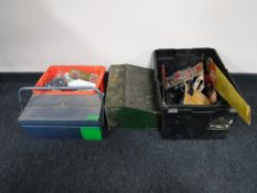 Two plastic containers and two metal tool boxes of assorted hand tools, saws, tool belts,