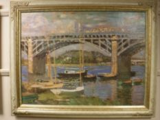An Artagraph edition : Fishing boats under a bridge, framed.