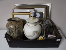 A box of pictures, prints, wall plates, oriental vase, glass decanter and stopper,
