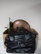 A converted brass desk oil lamp together with a large copper pan lid,