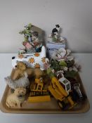 Two trays containing carnival glassware, a five piece cottage ware tea service, cameras,