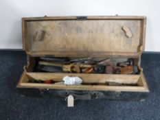 An early 20th century pine joiner's tool box of tools, oil cans,