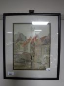 A framed W.J. Philipson watercolour study - bridge over river, with houses beyond.