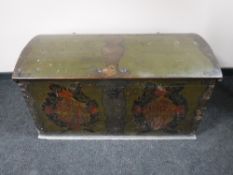 A 19th century hand painted oak dome top shipping trunk (locked,