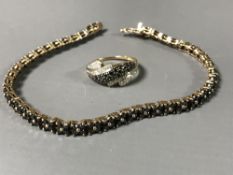A black diamond set ring and bracelet, 13.3g.