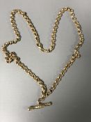 A 9ct gold pocket watch chain with t-bar, 10.2g.