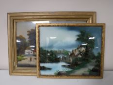 Two gilt framed paintings on glass;