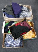 Five boxes containing suit jackets, polo shirts, kids thermal tops,