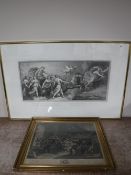 Two framed black and white engravings;