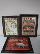 Three framed advertisements; Cadbury's Coca, Bird's Custard,