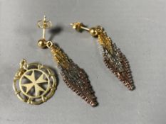 A pair of 9ct gold on silver earrings and a Maltese cross.
