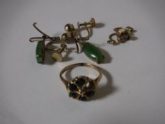 A box containing 9ct gold dress ring and a pair of 9ct gold jade earrings,