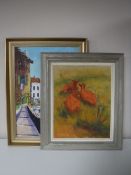 Six framed continental school oils on canvas, including Parisian street scenes,