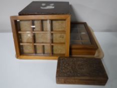 A tray containing two pine glass door display cases,