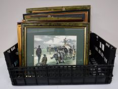 A box containing framed sporting prints, fishing, rugby, cricket,