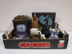 A box containing a cast metal plaque depicting a goat, jewellery box in the form of a mantel clock,