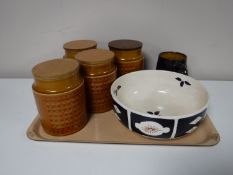 A tray of four Hornsea saffron storage jars,