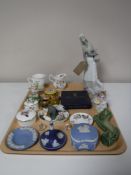 A tray of a Lladro figure of a lady with basket (a/f), together with a Lladro figure of a goose,