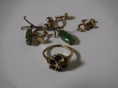 A box containing 9ct gold dress ring and a pair of 9ct gold jade earrings,