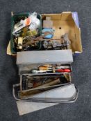 A metal concertina tool box together with a box containing brass door handles, bench vice,