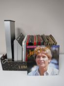 A box containing Denon turntable, cordless headphones, together with assorted LP's and box sets,