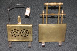 Two antique brass open fire adjustable trivet stands (2)